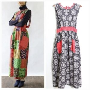 Design House Vintage 70s Polka Dot Paisley Doily Print Pinafore Apron Wrap Dress